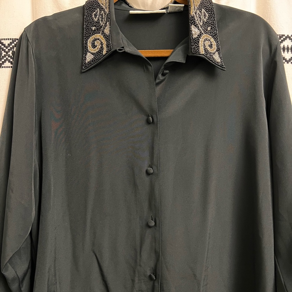 Vintage Black Button-Up Shirt with Embroidered Collar 1980s